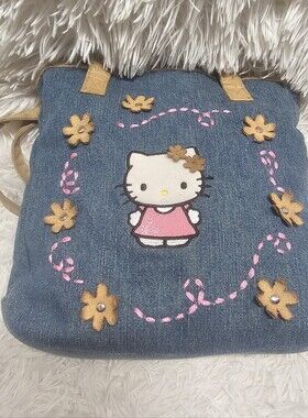 Rare EUC Vintage 2003 Sanrio Hello Kitty Denim Tote Bag With Matching Accessory